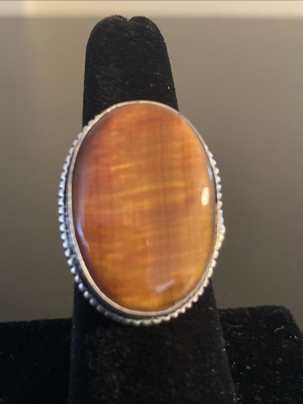 Tiger's Eye Oval Sterling Silver Statement Ring - Brown  size 7